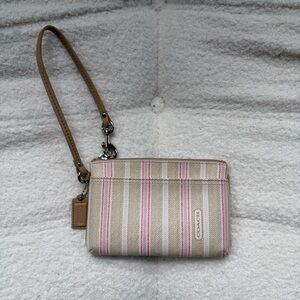 Coach Beige and Pink Striped Wristlet
